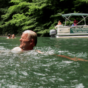 a group of people swimming in a body of water