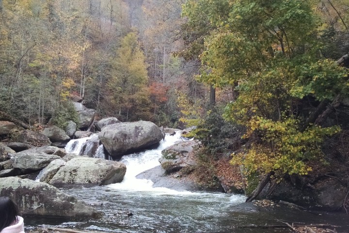 a large waterfall in a forest