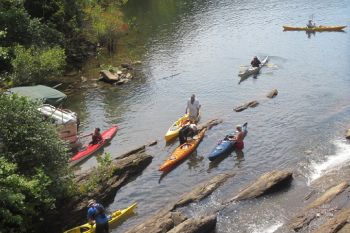 a group of people riding skis on a body of water