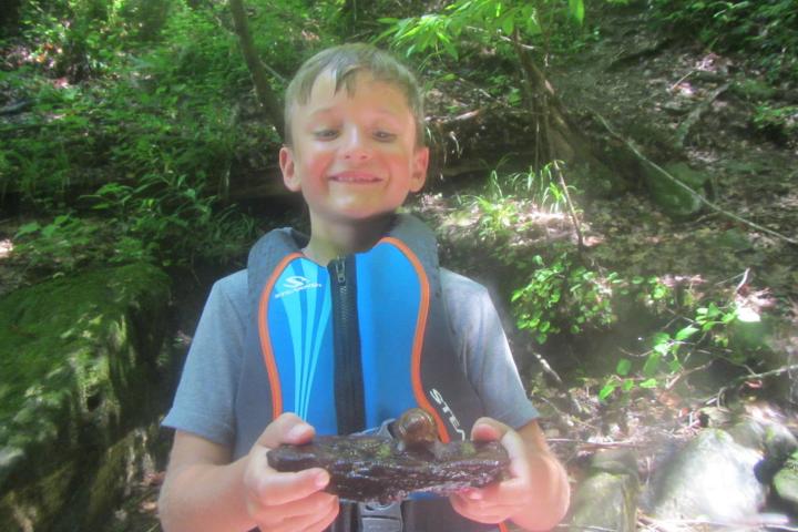 a little boy standing in front of a forest