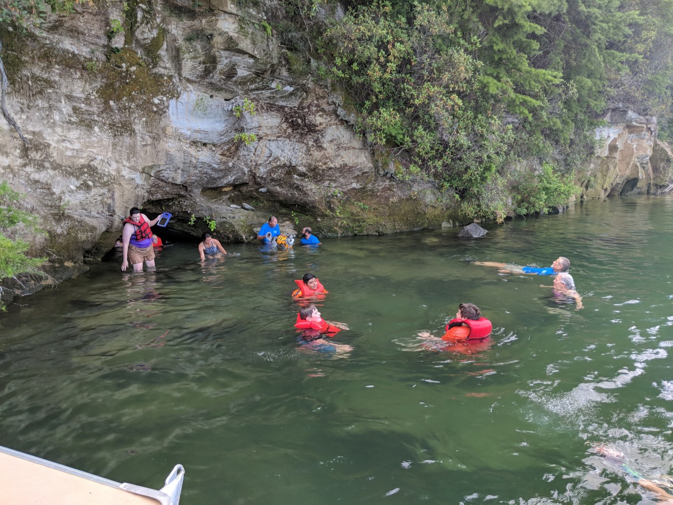 a group of people swimming in the water