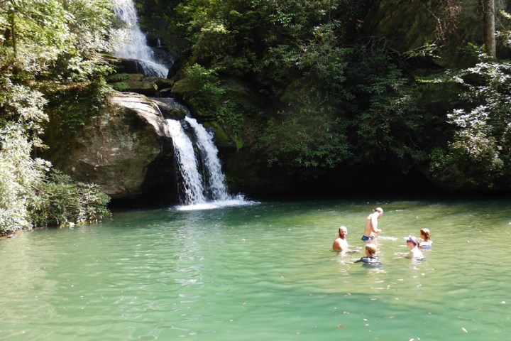 a group of people swimming in the water