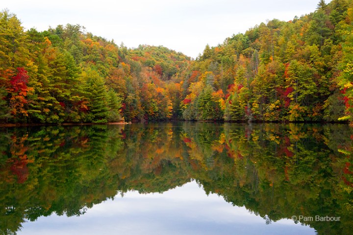 Lake reflecting autumn trees with colorful foliage under a cloudy sky.
