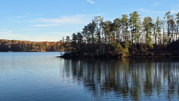 Lake with autumn trees reflecting in calm water against a blue sky.