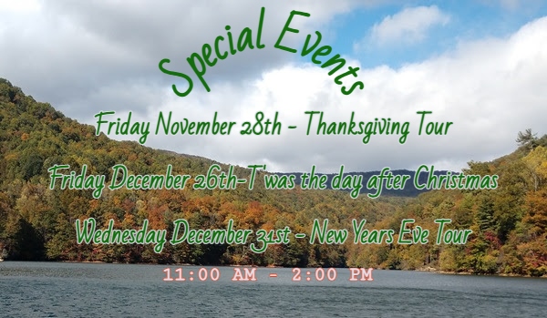 Text listing special events on a scenic lake background with autumn trees.