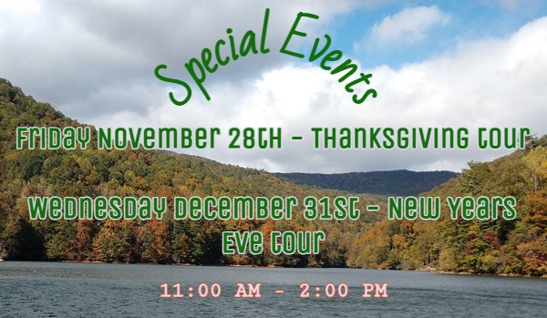 Special events banner with dates for Thanksgiving and New Year's tours over a lake and forest background.