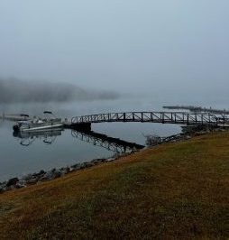 Foggy lake scene with a bridge, boats, and grassy shore.