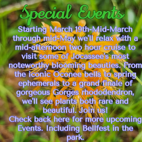 Text on wildflower background announces special events featuring plant cruises in Jocassee from March to May.