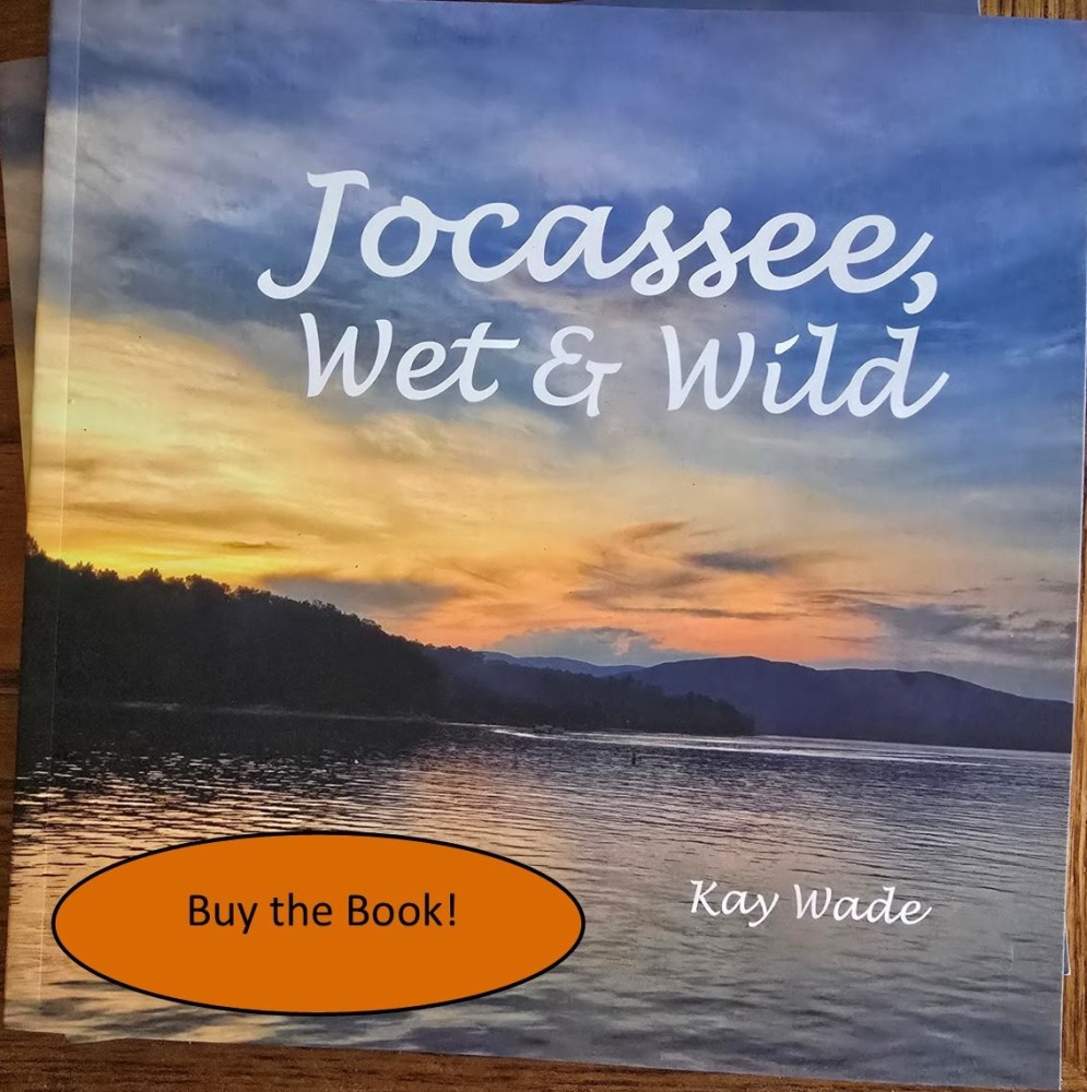 Book cover with a lake and sunset, titled 'Jocassee, Wet & Wild' by Kay Wade.