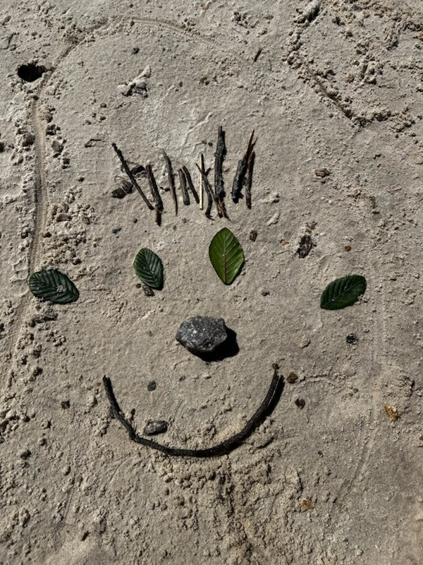 Face drawn in sand with leaves for eyes and sticks for hair.