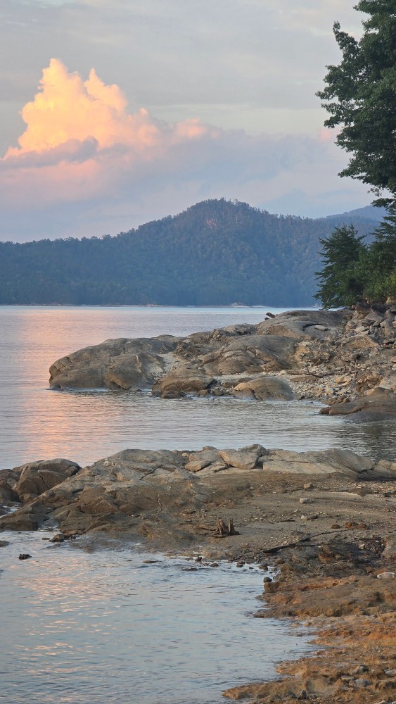 Rocky shoreline with calm water, forested hills, and pink clouds at sunset.