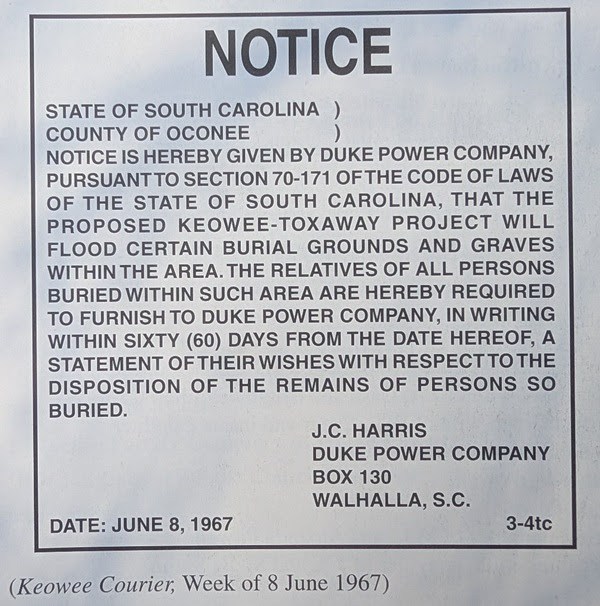 1967 notice about Keowee-Toxaway project affecting burial grounds by Duke Power Company.